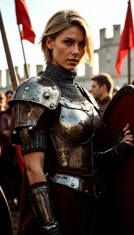 A striking commander 40-year-old woman with short, tousled blonde hair and piercing grey eyes. She wears a meticulously crafted chainmail that contours her muscular build and voluptuous figure. Her thin eyebrows and thicker lips give her an intense and captivating expression. She dons fingerless gauntlets, ready for action. The setting is a medieval fortress, with banners fluttering in the wind and the sound of clashing swords in the background. The lighting is dramatic, highlighting her strong features and the gleam of her chainmail.She is Holding a shield up with one arm, body slightly turned to the side in a defensive stance, protecting herself.Action scene