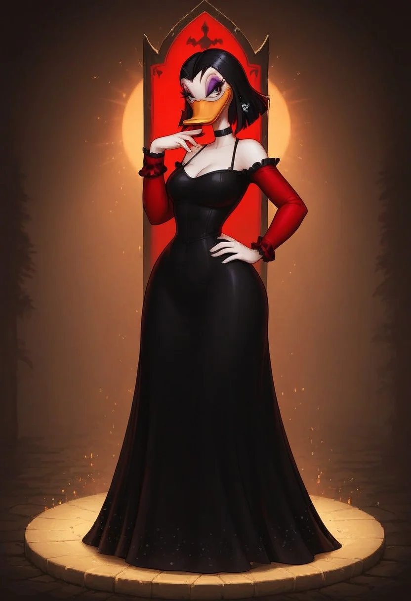 score_7, score_8, score_9, dynamic lighting, detailed background, background is forest, dark, night time, winter, ((close up)), cowboy shot, shot from side
BREAK 
Solo, 1girl, ((anthropomorphic)), Magica De Spell, furry female, purple eyeshadow, black hair, long dress, black dress, short hair, duck, red sleeve frills, long sleeves, white skin, (gothic), very slender waist, very narrow waist, slender hips, medium breasts, heavy breasts, long torso, long legs, curvy legs, hourglass figure, toned body, fit body,
BREAK
standing, throne, standing in front of throne, medieval gown, medieval dress, black bodice, black gown, holding goblet, looking at viewer, low cut top, black heel boots, thigh highs, black choker with skull, silver earrings, cleavage, hand on hip, evil smile