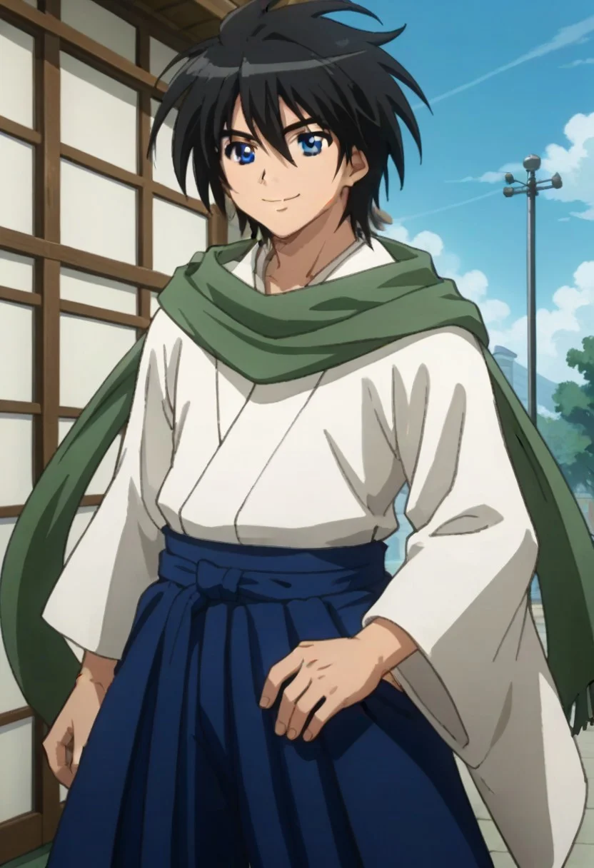 ((masterpiece)), ((best quality)), ((ultra-detailed)), score_9_up, score_8_up, score_7_up, HD, top quality, best quality, High-quality illustrations, anime screencap, perfect anatomy, ((1male, 1boy, solo male, solo male focus)), anime, anime boy, male anime character, Yoichi Karasuma, black hair, long messy hair, blue eyes, handsome, attractive, cute, happy, big smile, cheerful expression, Yoichi Karasuma, black hair, long messy hair, blue eyes, long green scarf, japanese clothes, long blue hakama skirt, wooden boken sword on hips