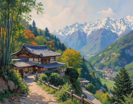 <lora:OBä¸ä¸çºªæ²¹ç»v1.1:1> OByouhua, oil painting
oil painting of japanese house in a mountainous landscape, snow peaked mountains in background, bamboo,