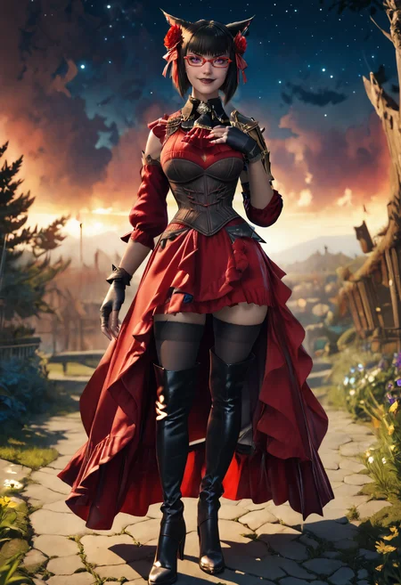 zPDXL, score_9, score_8_up, score_7_up, <lora:RealisticAnime:1> (ultra realistic, 32k, masterpiece:1.2), (high detailed skin:1.1), (high quality:1.1), (full body:1.5),  , 1girl, starry sky, full moon,   (hand on own chest:1.5 ), <lora:Armet_Daraco_Dawntrail:1> armetdaraco, dark-skinned female,  miqo'te, black lipstick, short hair, bob cut,  black hair, mole under eye, facial mark,  heterochromia, purple eyes, red eyes, tail, corset, asymmetrical clothes, gloves, dress, hair ribbon, fingerless gloves, black gloves, red dress, hair flower, armor, glasses, red eyewear, high heels, boots, black thighhighs, thighhighs,  thigh boots, smirk,
