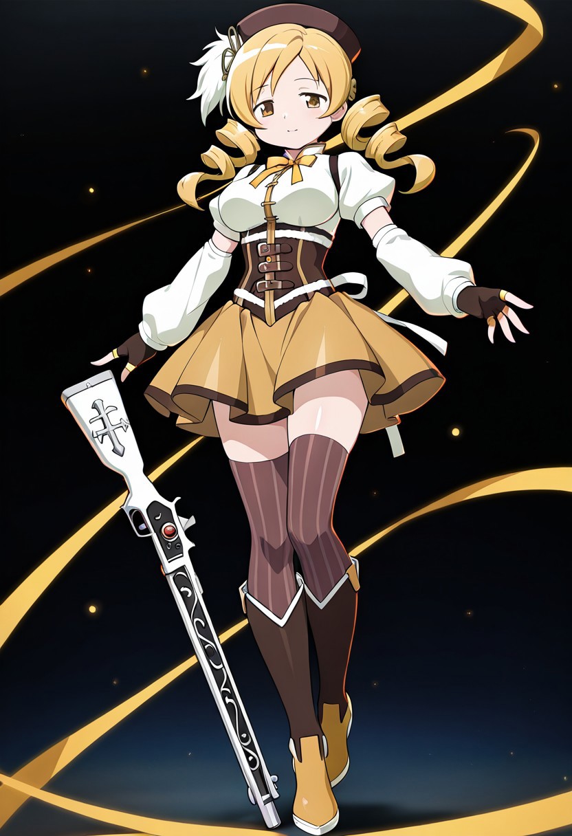 masterpiece, best quality, amazing quality, very aesthetic, absurdres, newest,shiny skin,, anime screenshot, xdive, anime coloring, black background, solo, full body, tomoe mami, yellow eyes, drill hair, twin drills, twintails, long hair, very long hair, blonde hair, hair ornament, breasts, large breasts, magical girl, brown hat, beret, corset, detached sleeves, puffy sleeves, gloves, ribbon, bow, bowtie, yellow ribbon, miniskirt, pleated skirt, yellow skirt, zettai ryouiki, vertical-striped clothes, vertical-striped thighhighs, brown thighhighs, Musket, standing
