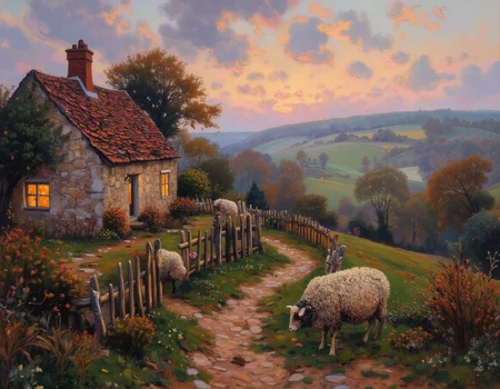 <lora:OBä¸ä¸çºªæ²¹ç»v1.1:1> OByouhua, oil painting
oil painting of a cozy british cottage on a hilly, sheeps, wooden fence,, foggy, cloudy sky, garden and trees, window lit,