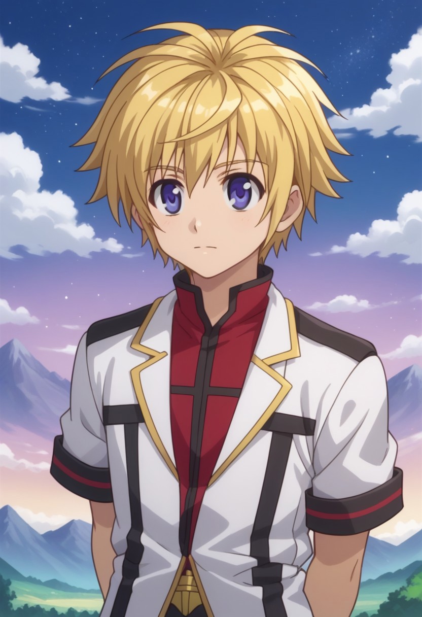 score_9, score_8_up, score_7_up, source_anime, highly detailed, 
izumicinque, 1boy, male focus, solo, blonde hair, sky, cloud, mountain, parody, blue eyes,
star (sky), arms behind back, purple eyes, starry sky, shirt, red shirt,
jacket, white jacket, knight uniform, upper body,