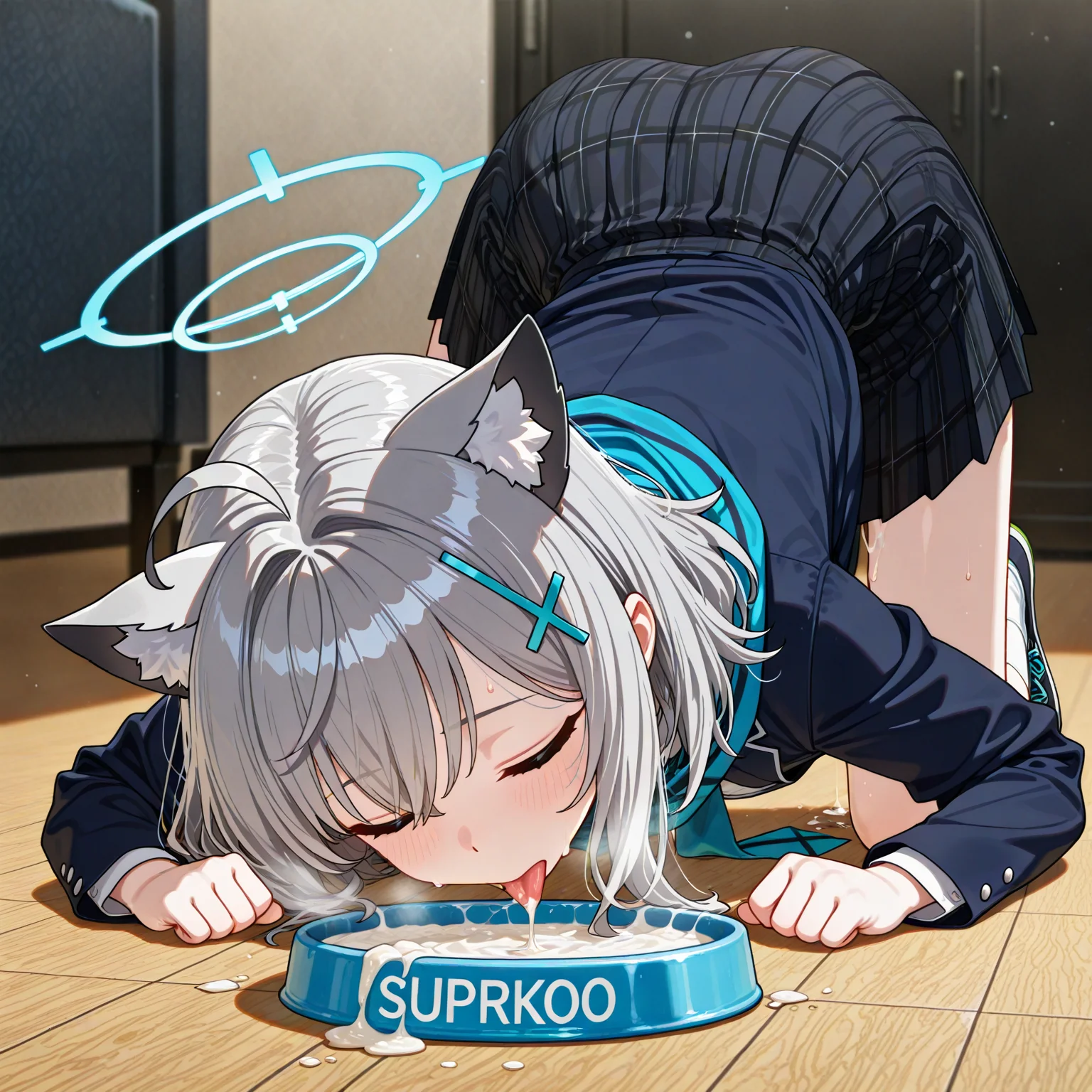 (1girl,solo,shiroko_\(blue_archive\):1.2),school_uniform,steam,pet bowl,pet_play,licking cum,cum in container,cum in bowl,cum string,tongue out,cum_on_tongue,all_fours,