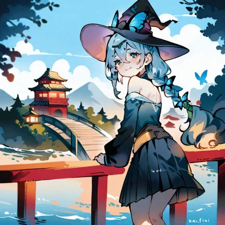 ((masterpiece, best quality, illustration)) Kani fish,1girl, solo, long hair, looking at viewer, smile, bangs, blue eyes, skirt, hair ornament, long sleeves, hat, holding, hair between eyes, bare shoulders, closed mouth, standing, braid, pleated skirt, outdoors, sky, day, cloud, black skirt, water, off shoulder, tree, blue sky, black headwear, witch hat, glowing, bug, butterfly, lantern, railing, witch, architecture, bridge, east asian architecture, blue butterfly