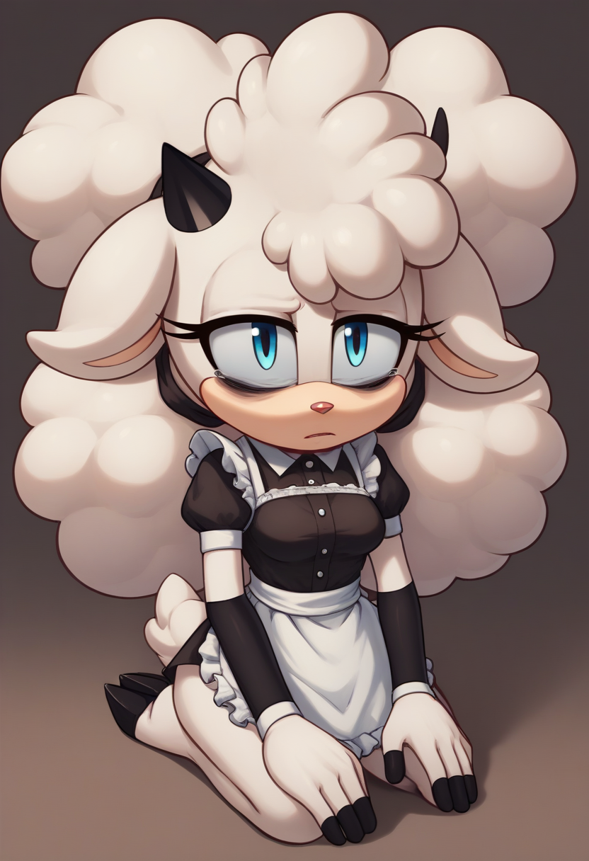 score_9,score_8_up,score_7_up, <lora:lanolinsheep5-08:0.9>, 1girl, lanolin the sheep, white hair, afro puffs, two-tone fur, beige fur, white fur, black elbow pads, single horn, eyelashes, sheep tail, sheep ears, blue eyes, medium breasts, red nose, black nails, maid, kneeling, ^_^, bags under eyes,