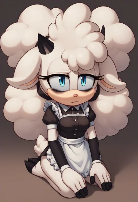 score_9,score_8_up,score_7_up, <lora:lanolinsheep5-08:0.9>, 1girl, lanolin the sheep, white hair, afro puffs, two-tone fur, beige fur, white fur, black elbow pads, single horn, eyelashes, sheep tail, sheep ears, blue eyes, medium breasts, red nose, black nails, maid, kneeling, ^_^, bags under eyes,