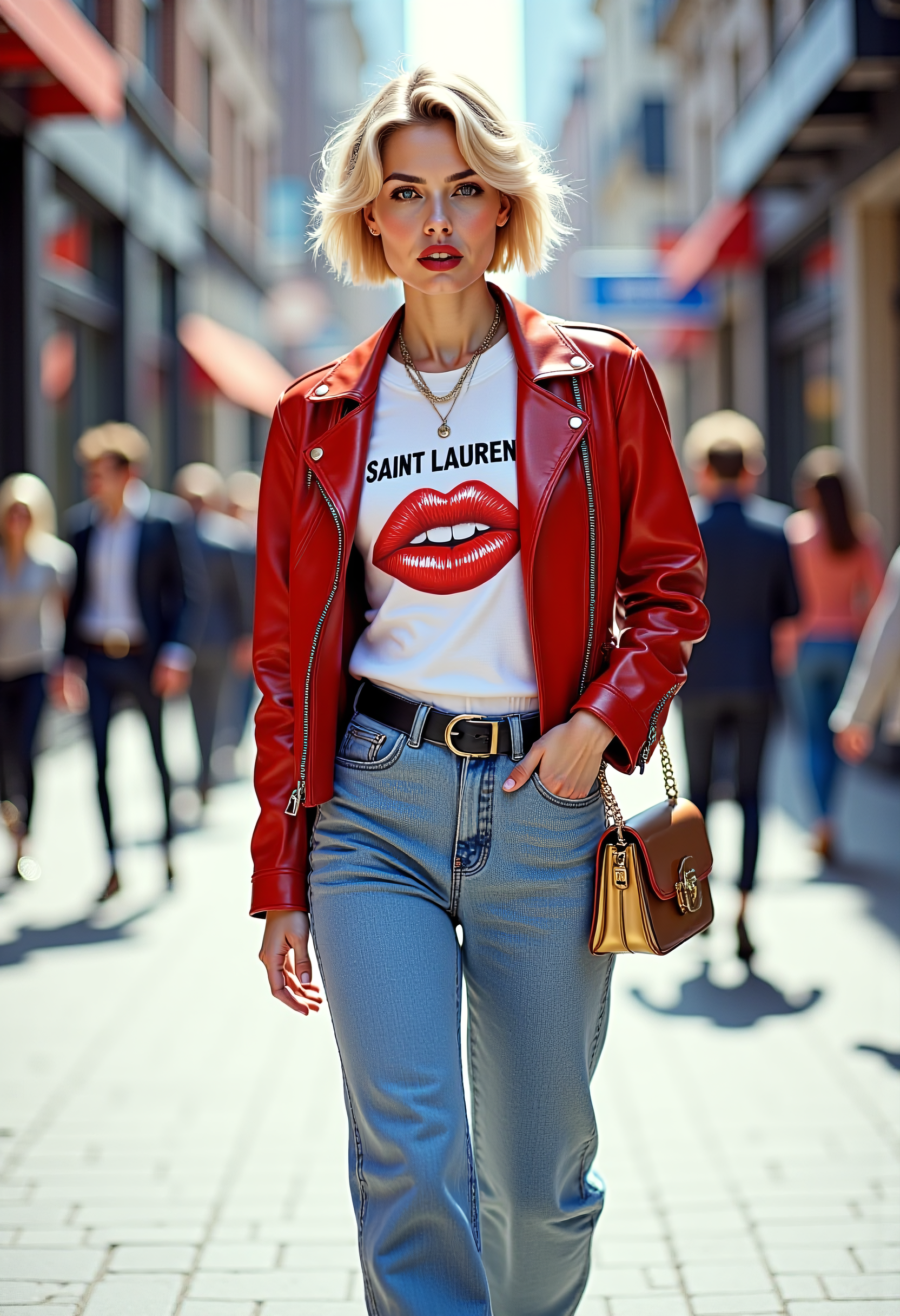 A highly detailed and artistic image of a stylish young woman confidently walking down a city street. She has short, chic blonde hair and striking makeup with bold, dark lipstick. She is wearing a white graphic t-shirt with a playful "SAINT LAURENT" print featuring red lips, tucked into high-waisted, light blue, wide-leg jeans that give her a retro-inspired look. Over her t-shirt, she wears a vibrant red leather jacket with silver zippers and buttons, adding a bold contrast to her outfit. She accessorizes with a thin black belt that cinches her waist, and carries a small, elegant gold handbag with a chain strap, which complements her gold heels. Her footwear consists of sleek, gold high-heeled pumps that add a touch of glamour to her ensemble. The background features an urban setting with modern buildings and a bustling street, providing a dynamic backdrop that highlights her fashionable attire. The lighting natural and bright, casting soft shadows to enhance the textures and details of her clothing and accessories. The image captures her confident and poised demeanor, with her gaze directed slightly away from the camera, adding a sense of movement and elegance to the scene. The overall aesthetic highly artistic, with a focus on fashion and urban chic. 1980s, fashion shoot, designer clothes, aerobics, punk chic, power dressing, oversized.  <lora:FLUX.1-DEV_-_Wild_1980s_Fashions_LoRA:0.8>, <lora:realism_lora:1>, hyp3rd3tail style <lora:hyper-detail-illustration:0.4>