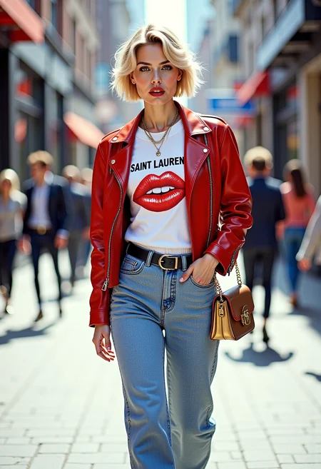 A highly detailed and artistic image of a stylish young woman confidently walking down a city street. She has short, chic blonde hair and striking makeup with bold, dark lipstick. She is wearing a white graphic t-shirt with a playful "SAINT LAURENT" print featuring red lips, tucked into high-waisted, light blue, wide-leg jeans that give her a retro-inspired look. Over her t-shirt, she wears a vibrant red leather jacket with silver zippers and buttons, adding a bold contrast to her outfit. She accessorizes with a thin black belt that cinches her waist, and carries a small, elegant gold handbag with a chain strap, which complements her gold heels. Her footwear consists of sleek, gold high-heeled pumps that add a touch of glamour to her ensemble. The background features an urban setting with modern buildings and a bustling street, providing a dynamic backdrop that highlights her fashionable attire. The lighting natural and bright, casting soft shadows to enhance the textures and details of her clothing and accessories. The image captures her confident and poised demeanor, with her gaze directed slightly away from the camera, adding a sense of movement and elegance to the scene. The overall aesthetic highly artistic, with a focus on fashion and urban chic. 1980s, fashion shoot, designer clothes, aerobics, punk chic, power dressing, oversized. <lora:FLUX.1-DEV_-_Wild_1980s_Fashions_LoRA:0.8>, <lora:realism_lora:1>, hyp3rd3tail style <lora:hyper-detail-illustration:0.4>