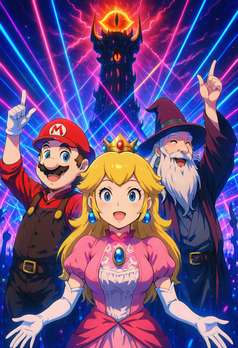 masterpiece, best quality,  L0rd0fTh3R4v3s, g4nd4lf, looking at viewer, smile, open mouth, 1boy, hat, :d, arm up, facial hair, beard, old, old man,    princess peach, mario (series), 1girl, blue eyes, blonde hair, long hair, large breasts, earrings, sphere earrings, crown, pink dress,   mario,   (upper body),   ,<lora:SauronsRaveTower_IXL_v1:1.0>,