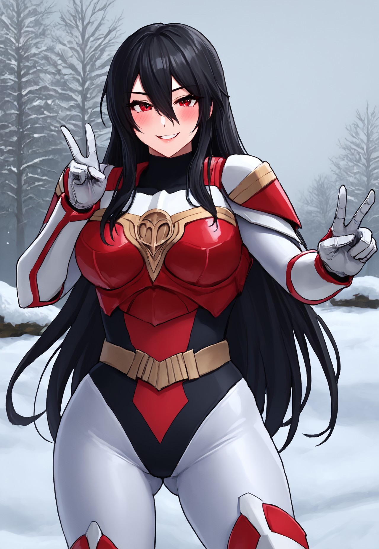 score_9, score_8_up, score_7_up, source_anime, zPDXL, zPDXLpg, <lora:offset_0.2:0.1>, <lora:spo_sdxl_10ep_4k-data_lora_webui:1>,
1girl, solo, mature female,
sazermithras, white bodysuit, black leotard, belt, armor, white gloves, gauntlets, boots, <lora:Sazer_Mithras:1>,
black hair, very long hair, hair between eyes, red eyes, tsurime,
Seductive smile, blush, looking at viewer, facing viewer, cowboy shot, standing, two hand peace, ass visible through thighs,
Outdoor, winter, snowy town background 

