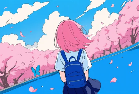 great quality,1girl,solo,ENStyle,,(almic,akakura,ogipote,dikko:0.9), (sincos:0.8),,scenery,two tone color,pink and (blue:0.8) theme,school white shirt,pink hair,hands behind back,head tilt,from behind,back,facing away,wind,pink petals,blue bags,blue Butterfly,cartoon Style,flat color,white cloud