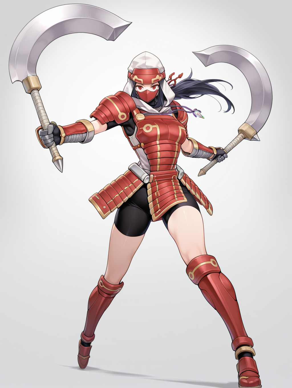 legendary six samurai - mizuho,solo,axe,red eyes,red mouth mask,purple necklace,holding axe,1girl,red armored gloves,red armored knee boots,red armored skirt,red breastplate,red shoulder armor,white shirt,dual wielding,white hood,black shorts,dual wielding, 
masterpiece,best quality,amazing quality,very aesthetic,absurdres,newest,<lora:Legendary Six Samurai - Mizuho illuXL v1:0.75>,