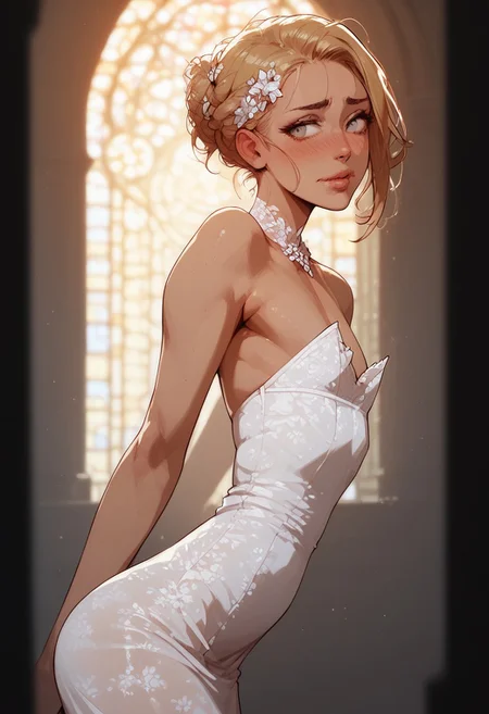 score_9, score_8_up, score_7_up, score_6_up, 2d, (detailed:1.1), (highres, best quality:1.2), hyperdetailed, shallow depth of field, dim lighting, godrays, DOF, aperture. Create 1femboy, (pretty face:1.1), (skinny:1.2), slim body, flat chest under clothing, open chest, cleavage, standing, at altar, white dress, wedding dress, tight dress, blonde hair, longe hair, beautiful stylish hair, shy look, embarrassed, looking at viewer, solo, in church, sun light, side view, view from side, waiting,