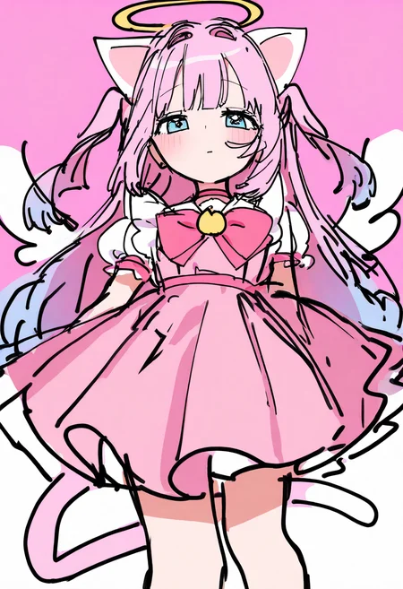 best quality, amazing quality, very aesthetic, absurdres, sketch,
BREAK
1girl, angel wings, animal ears, blue eyes, cat ears, cat girl, cat tail, dress, long hair,
looking at viewer, magical girl, pink hair, pink theme, solo, tail, wings, yume kawaii, yume ne, <lora:DoodleNoob_byKonanV2:1>