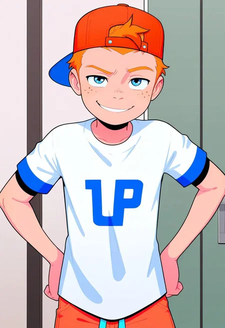 score_9, score_8_up, score_7_up, highly detailed, MAPowerPack, looking_at_viewer, 1boy, cute boy, young, short sleeves, baseball unifotm, backwards hat, ginger hair, blue eyes, freckles, smug, teasing, mischievous smile,