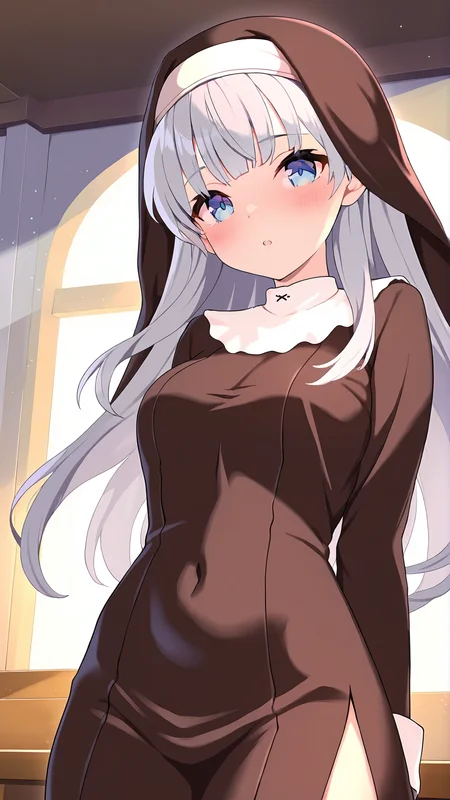 amazing quality,absurdres,best quality,masterpiece,highres,newest,detailed,detailed body,detailed face,masterpiece,best quality,solo,
ãã£ã¤ãã·ã¹ã¿ã¼ã¨ã®éé
,1girl,long grey hair,blue eyes,nun outfit,indoors,<lora:ãã£ã¤ãã·ã¹ã¿ã¼ã¨ã®éé
:0.8>,