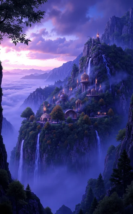 a vast skyborne elven city hovering above a sea of clouds,designed with leaf-shaped buildings and shimmering domes,bioluminescent vines wrapping around the structures,twilight lighting with a violet and indigo color palette,cinematic wide-angle view,magical fantasy style.,
<lora:aidmaMJ6.1_v0.5_3:0.6>,aidmaMJ6.1,<lora:klordoftherings-01:0.8>,klordoftherings,
