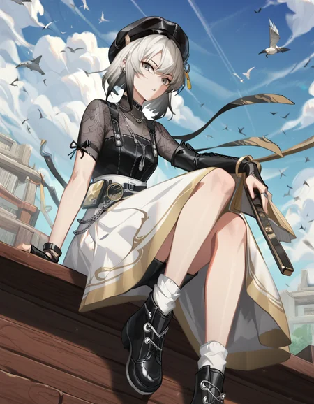 score_9,score_8_up,score_7_up,source_anime,
yubing, 1girl, solo, bird, black footwear, cloud, hand fan, hat, sky, sitting, folding fan, grey hair, socks, outdoors, holding, looking at viewer, skirt, grey eyes, holding fan, shirt, white skirt, black headwear, parted lips, cloudy sky, black shirt, white socks, shorts<lora:yubing_pony2:0.8>,<lora:Anime_Screencap:1>,anime screencap,