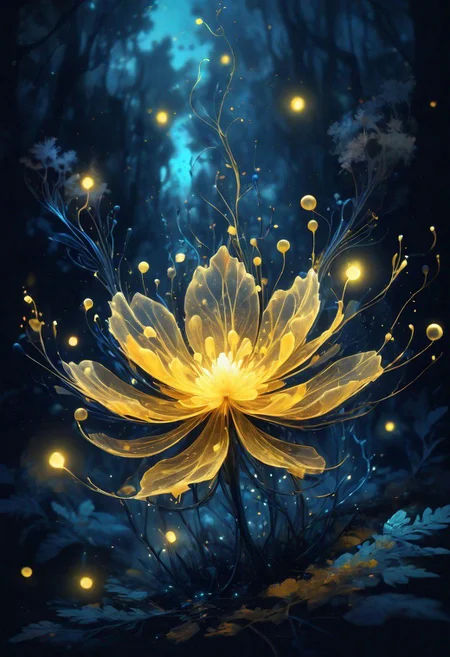 Ink illustration, bioluminescent flower, fabulous night forest, magical radiance, Concept art, depth of field, realistic, cinematic lighting, soft shadows, asymmetrical fractal, colorful, vivid yellow and navy colors, volumetric lighting, wind, particles floating on the breeze, petals falling, ink stains, ink splatters, ink runs, ink spots, faded ink linquivera