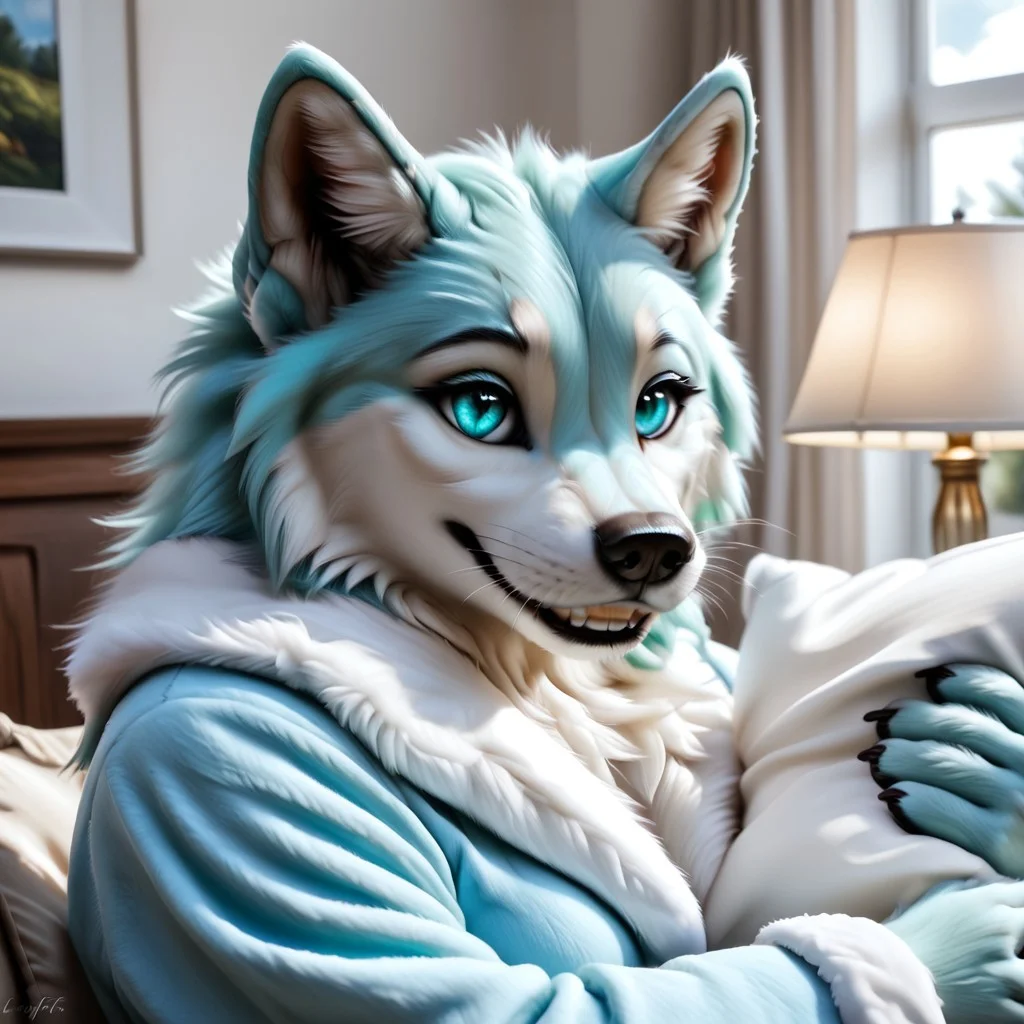 realistic, highres, super high resolution, 8k, photo, whtfx, soft body fur, furry, anthro, detailed fur, female wolf, voluptuous figure, tufted fur, tufted ears, cheast tuft, fluffy canine tail, detailed eyes, detailed body, detailed face, long black hair, canine teeth, cyan fur, cyan body, cyan eyes, whiskers, medium breasts, detailed background, narrowed eyes, lovely eyes, sitting in sofa, bathrobe, holding pillow sunlight, neclace, table lamp, window with curtains, close-up,