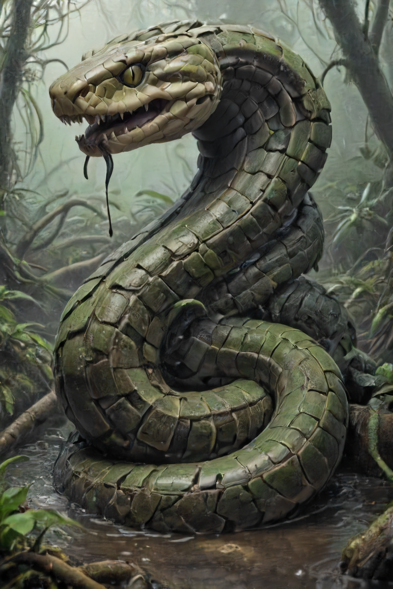 rendition of a heavy platted and coiled (mech:0.5)-(snake:1.3) in (armored:1.1) scales slithering trough a swamp,  <lora:- SDXL - heavy_armored_V2.1:1>