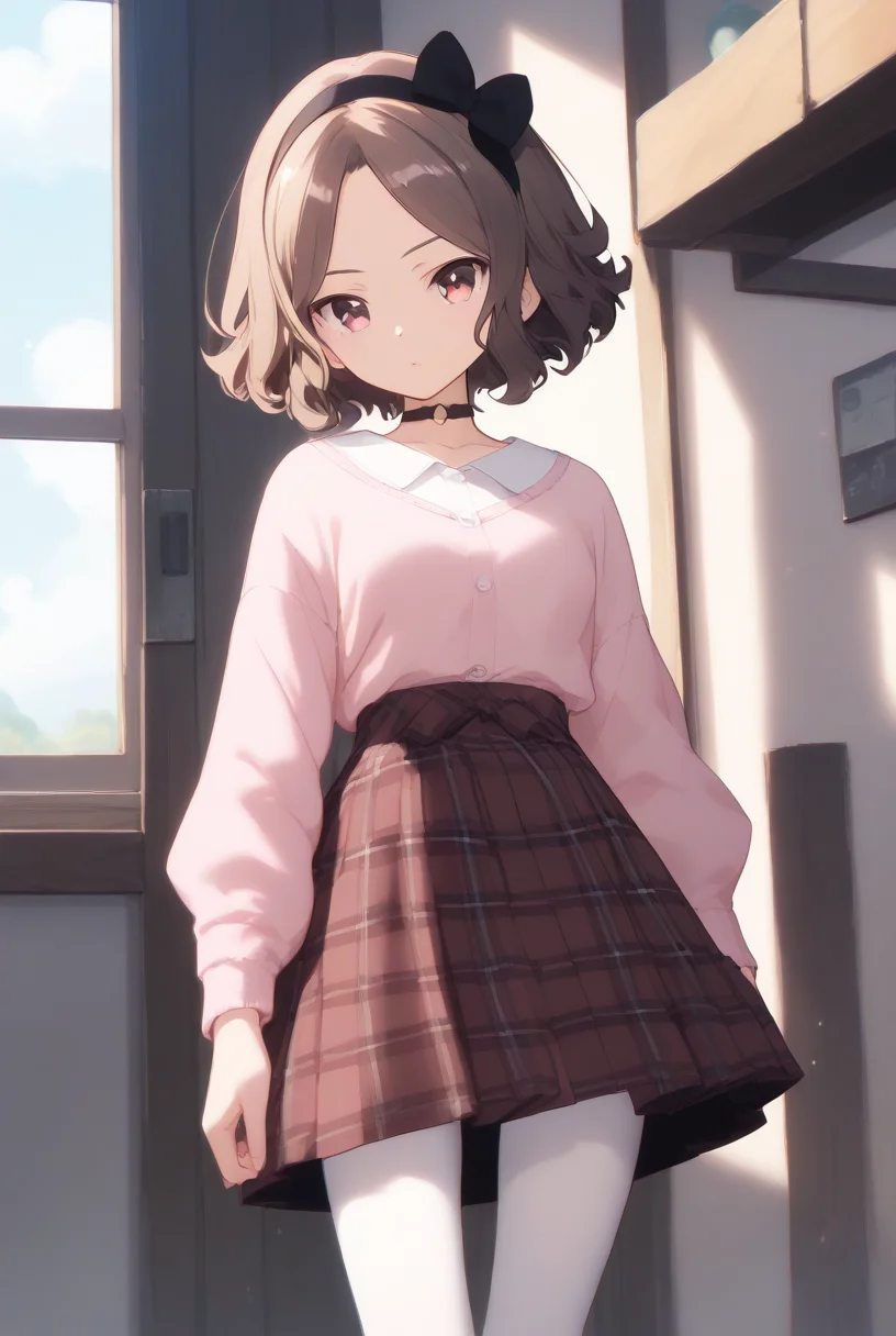 (score_9,score_8_up,score_7_up, ),<lora:GBC_TOMO_v2_pony-000030:1>,
GBC_TOMO,white pantyhose,brown hair,brown plaid skirt,short hair,pink sweater,solo,choker,hairband,indoors,black choker,long sleeves,standing,black hairband,wavy hair,front view,