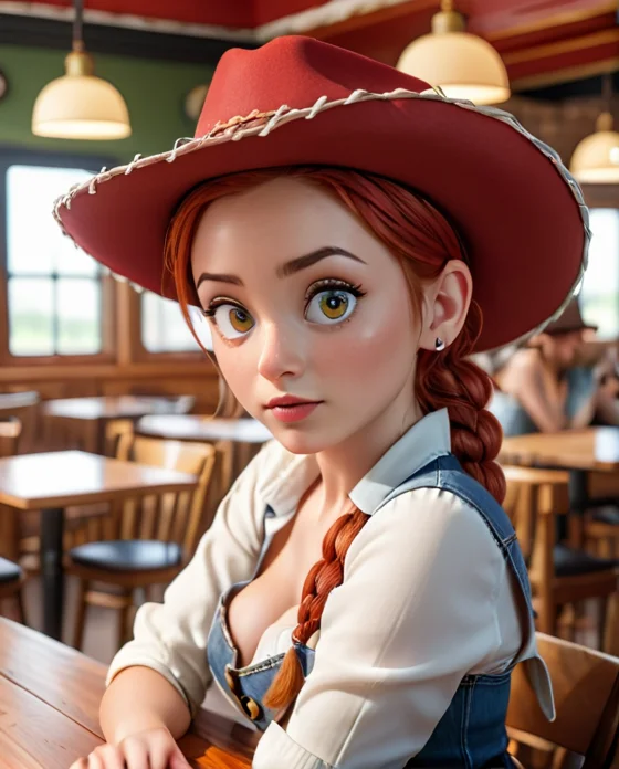 score_9, score_8, score_7, score_6, <lora:Jessie_the_Yodeling_Cowgirl_-_Toy_Story_PonyXL:1> Jes_sie, 1girl, red hair, hat, cowgirl, cleavage, hair in single braid, Upper body professional photo. 1Female. Extremely cute. Wearing strapless button down tube top. Short skirt. Hair in Chignon style. In a coffeehouse at a table looking at her laptop. Highly detailed beautiful expressive eyes. Photorealistic, Natural atmospheric lighting, intricate details, 35mm photograph, film, professional, 4k visuals, highly detailed, elegant, studio quality.