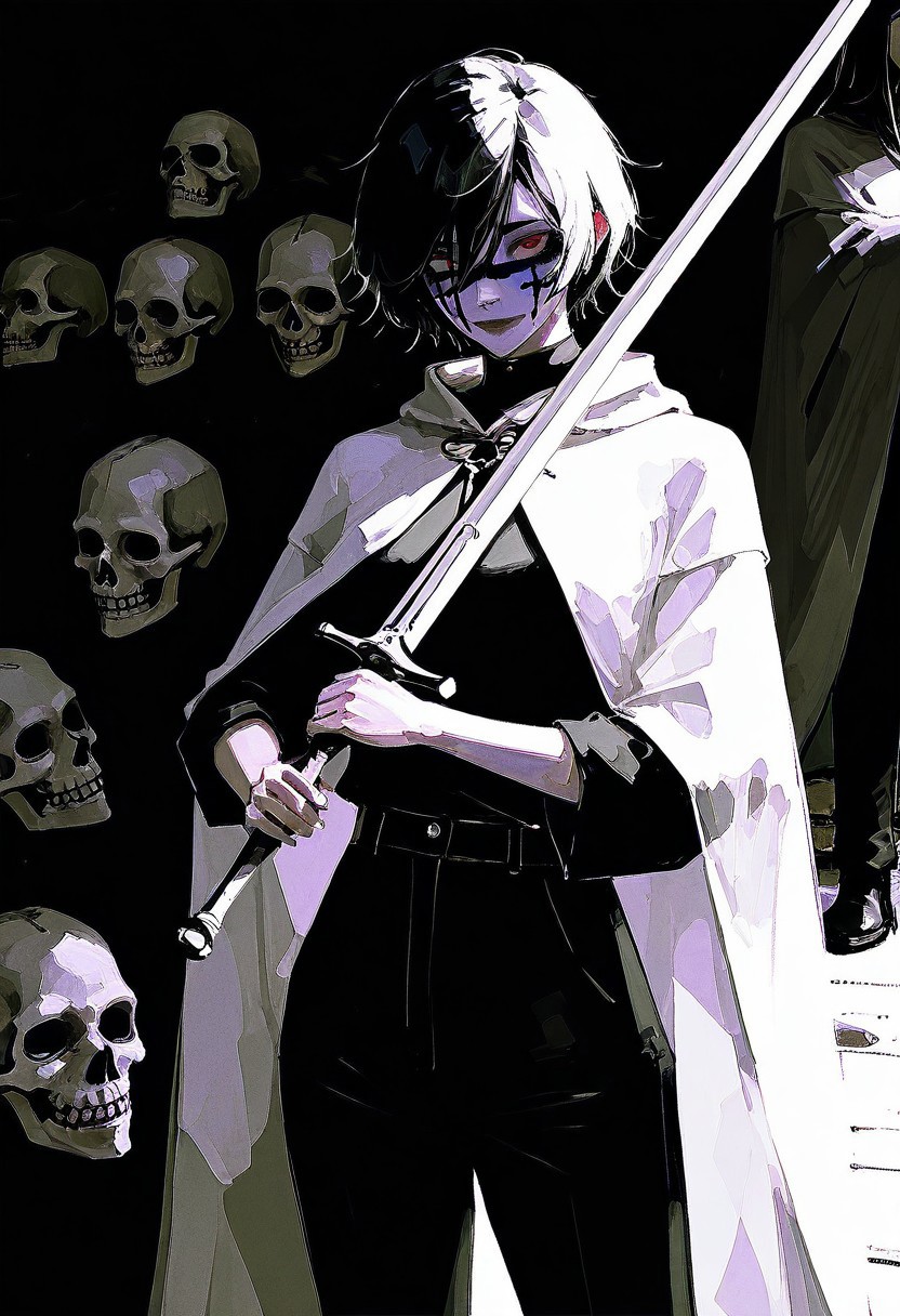 96yottea, realistic, sketch, newest, very awa, masterpiece, highres, absurdres, year 2024, year 2023,
(cinematic lighting:1.2), perfect detail, good hands,
thin girl, teen girl, black pants, black shirt, short hair, messy haircut, dark black hair, skull facepaint, black and white facepaint of a skull, corpse paint, mother-of-pearls cloak, pearly translucent cloak, two-handed longsword on the back, two-handed sword behind her back, sunlight, dappled moonlight, harrowhark nonagesimus (the locked tomb)
<lora:YTSKX:0.7>  <lora:NOOB_vp1_detailer_by_volnovik_v1:1> <lora:ponyv6_noobV1_1_adamW:0.3> <lora:spo:1>