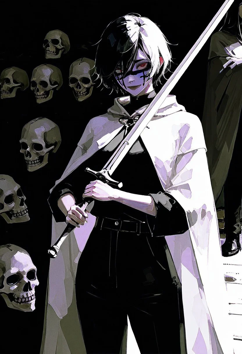 96yottea, realistic, sketch, newest, very awa, masterpiece, highres, absurdres, year 2024, year 2023,
(cinematic lighting:1.2), perfect detail, good hands,
thin girl, teen girl, black pants, black shirt, short hair, messy haircut, dark black hair, skull facepaint, black and white facepaint of a skull, corpse paint, mother-of-pearls cloak, pearly translucent cloak, two-handed longsword on the back, two-handed sword behind her back, sunlight, dappled moonlight, harrowhark nonagesimus (the locked tomb)
<lora:YTSKX:0.7> <lora:NOOB_vp1_detailer_by_volnovik_v1:1> <lora:ponyv6_noobV1_1_adamW:0.3> <lora:spo:1>