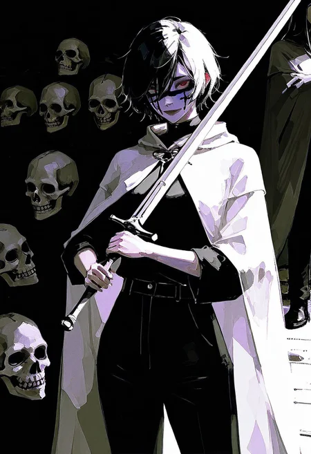 96yottea, realistic, sketch, newest, very awa, masterpiece, highres, absurdres, year 2024, year 2023,
(cinematic lighting:1.2), perfect detail, good hands,
thin girl, teen girl, black pants, black shirt, short hair, messy haircut, dark black hair, skull facepaint, black and white facepaint of a skull, corpse paint, mother-of-pearls cloak, pearly translucent cloak, two-handed longsword on the back, two-handed sword behind her back, sunlight, dappled moonlight, harrowhark nonagesimus (the locked tomb)
<lora:YTSKX:0.7> <lora:NOOB_vp1_detailer_by_volnovik_v1:1> <lora:ponyv6_noobV1_1_adamW:0.3> <lora:spo:1>