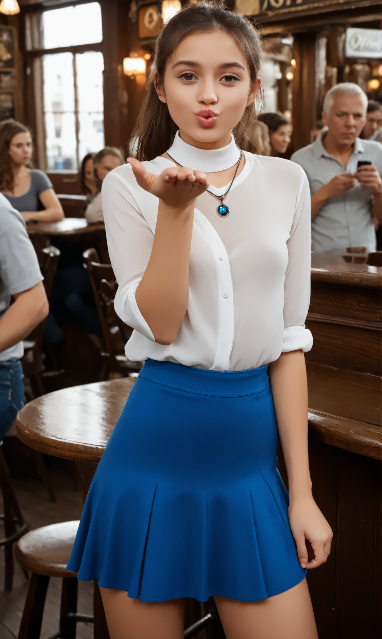blaiki, wionha, (slim 25 years old girl) in blue skirt and white blouse is blowing an air kiss with one hand, standing in a crowded pub. black (thigh high boots), necklace,  short brunette ponytail  
  <lora:AirKiss:1>