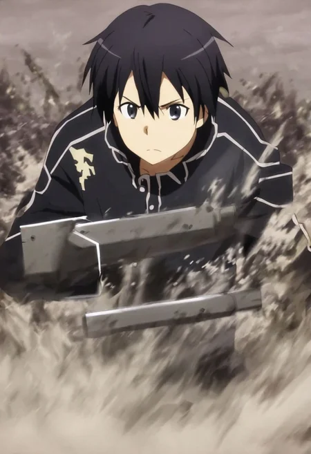 high resolution, solo, best quality, 1Boy, Kazuto Kirigaya, Black Hair, Black Eyes, military, action, OverallDetail