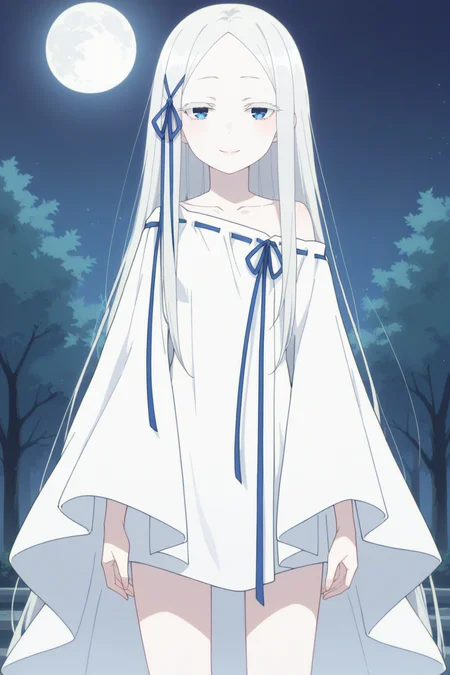 score_9, score_8_up, score_7_up, source_anime, 1girl, prefect lighting, very aesthetic, intricate details, highly detailed background, masterpiece, high quality, prefect hands, best quality, solo,
<lora:Pandora_ReZero_V1:.75>, KJOpandora, white hair, blue eyes, parted bangs, Long eyelashes, very long hair, hair ribbon, half-closed eyes, pale skin, 
white dress, off shoulder, 
looking at viewer, smile, standing, arm at side, 
outdoors, night, moon, tree, 
(Beautiful, small Breasts:1.2), natural breasts,