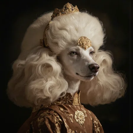ZooPolis art. A photo-realistic portrait shoot from a portrait camera angle about a dog with an elaborate hairstyle, dressed in a vintage outfit with floral patterns. the image also shows a dog in the middle of the image, who appears to be a poodle, facing the viewer with a serious expression. the dog is a light-skinned, white poodle with a long, curly, voluminous mane, and is wearing a golden crown and a brown, floral-embroidered dress with intricate gold embroidery. the background is a dark, gradient black, which contrasts with the dog's elegant and sophisticated appearance. the lighting is soft and diffused, creating a sense of movement and energy, which adds to the overall sense of depth and dimensionality in the image.