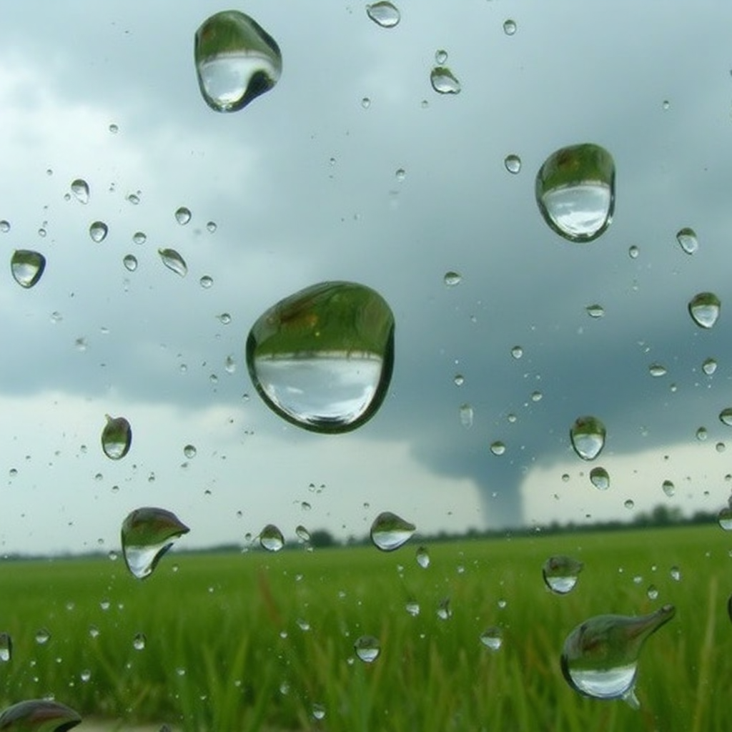 Photography close-up of rain drops on a glass pane. In each rain drop, there is a very distorted and inverted image of a tornado, with the sky at the bottom and the ground at the top. The tornado can be seen very blurry in the background. Overcast day in a prairie landscape <lora:refraction-000111:1>