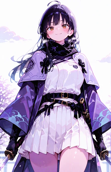 perfect quality,high quality,masterpiece,best quality,amazing quality,very aesthetic,Cinematic Lighting,newest,Tactical use of shadow,
<lora:Yamada Anna_Illustrious by Cyql:1>,yamadaanna cyql,1girl,blush,long hair,black hair,brown eyes,
weapon,looking at viewer,ahoge,skirt,scarf,sword,bow,holding,holding weapon,haori,black bow,katana,belt,ribbon,holding sword,white skirt,cowboy shot,japanese clothes,jacket,open clothes,pleated skirt,long sleeves,kimono,sky,standing,closed mouth,gloves,black scarf,shirt,white background,purple theme,wide sleeves,dress,miniskirt,blurry,open jacket,capelet,breasts,lens flare,white dress,outdoors,smile,cloud,
<lora:spo_sdxl_10ep_4k-data_lora_webui:0.6>,<lora:USNR STYLE_XL_loha:0.45>,usnr,<lora:MGE_V5.3:0.6>,<lora:GBF_Illustrious:0.4>,gbf_style,<lora:748cmSDXL:0.8>,748cmstyle,<lora:ponyv5_noobV065S_1_adamW:0.7>,