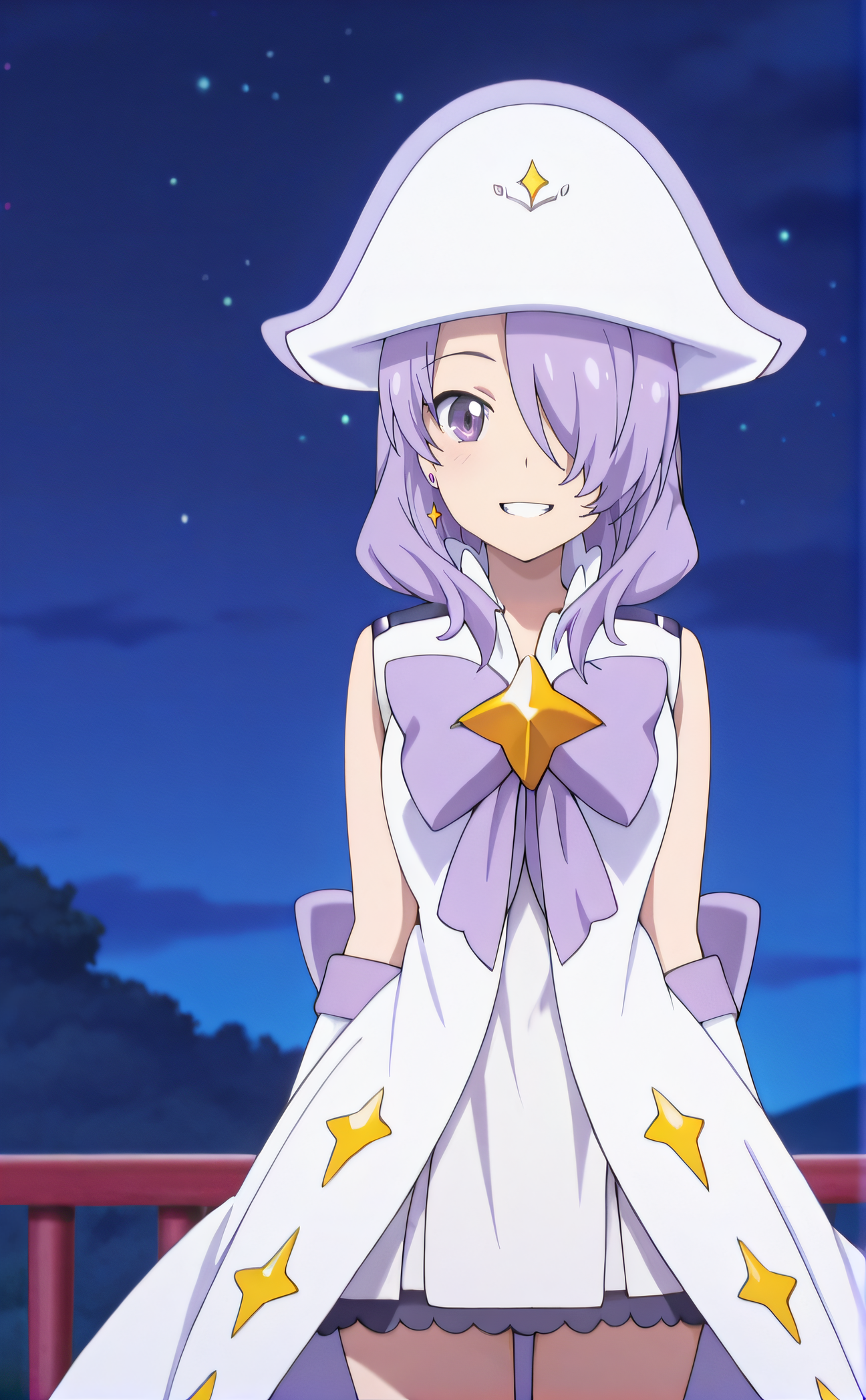 masterpiece, best quality, highres, newest, 1girl, solo, official style, anime screencap, <lora:Nanako:1>, nanako, purple hair, hair over one eye, purple eye, white hat, magical girl, earring, purple ribbon, white elbow gloves, looking at viewer, smile, cowboy shot, teeth, outdoor, night sky, scenery