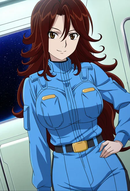 general,highres, ultra-detailed,very aesthetic,best quality ,best hands,best eyes,easynegative,
dynamic anglre, dutch angle, anime cloring,anime screencap,
1girl solo,looking at viewer,space ship, smile,hand on hip,
Sumeragi Lee Noriega,brown_hair, long_hair, wavy hair, brown eyes, huge_breasts,pilotsuits,