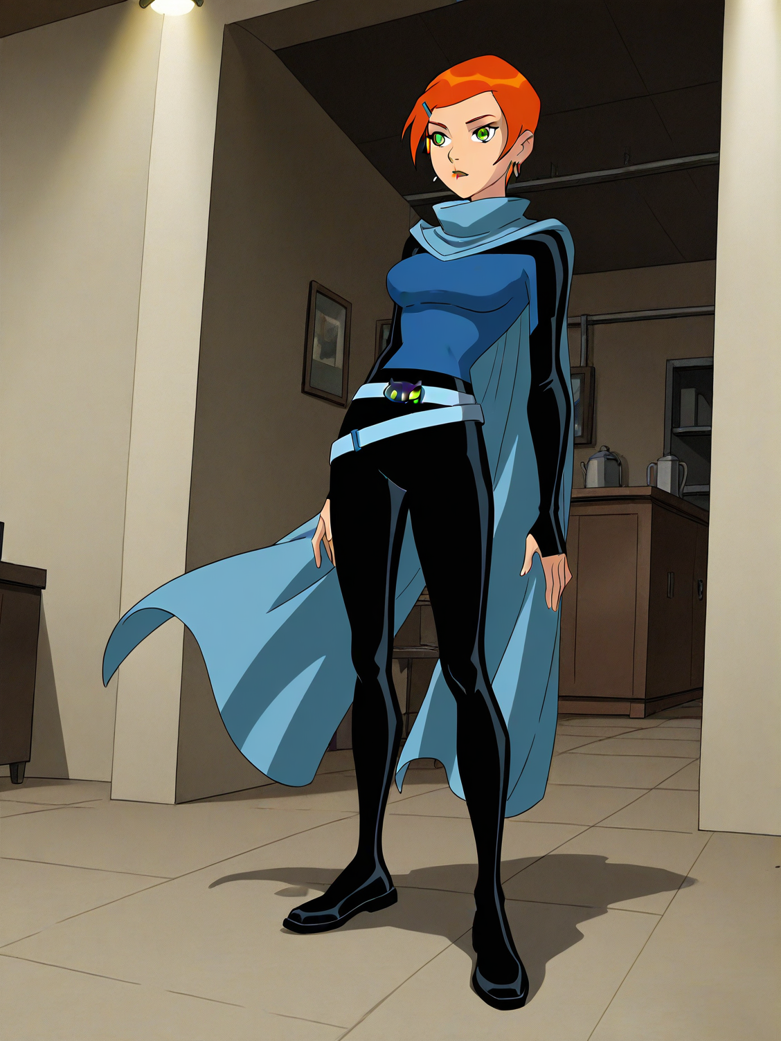 (b10-gwen-future aged up blue hoodie cape black pants belt:1.50),
b10-gwen, red hair, short hair, green eyes, hairclip, 
1girl, (solo:1.20), skinny,
(masterpiece, best quality, amazing quality, absurdres, high quality, highres, masterpiece), 
horny,
full body
,
(:1.10), 
BREAK,
indoors,
,
(),
medium breasts,
<lora:b10-gwen-V02-illXL:1.00>