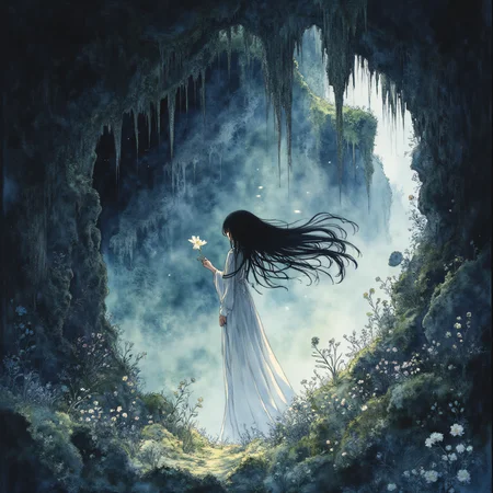 Studio Ghibli Dark Fairytale, The image is a digital illustration of a woman standing in a dark cave. She is wearing a long white dress and has long black hair that is flowing in the wind. The woman is holding a small white flower in her hand and is standing in front of a large rock formation. The cave is filled with plants and flowers and there are stalactites hanging from the ceiling. The overall mood of the image is mystical and dreamlike., long hair, 1girl, solo, flower, nature, dress, black hair, very long hair, forest, white dress