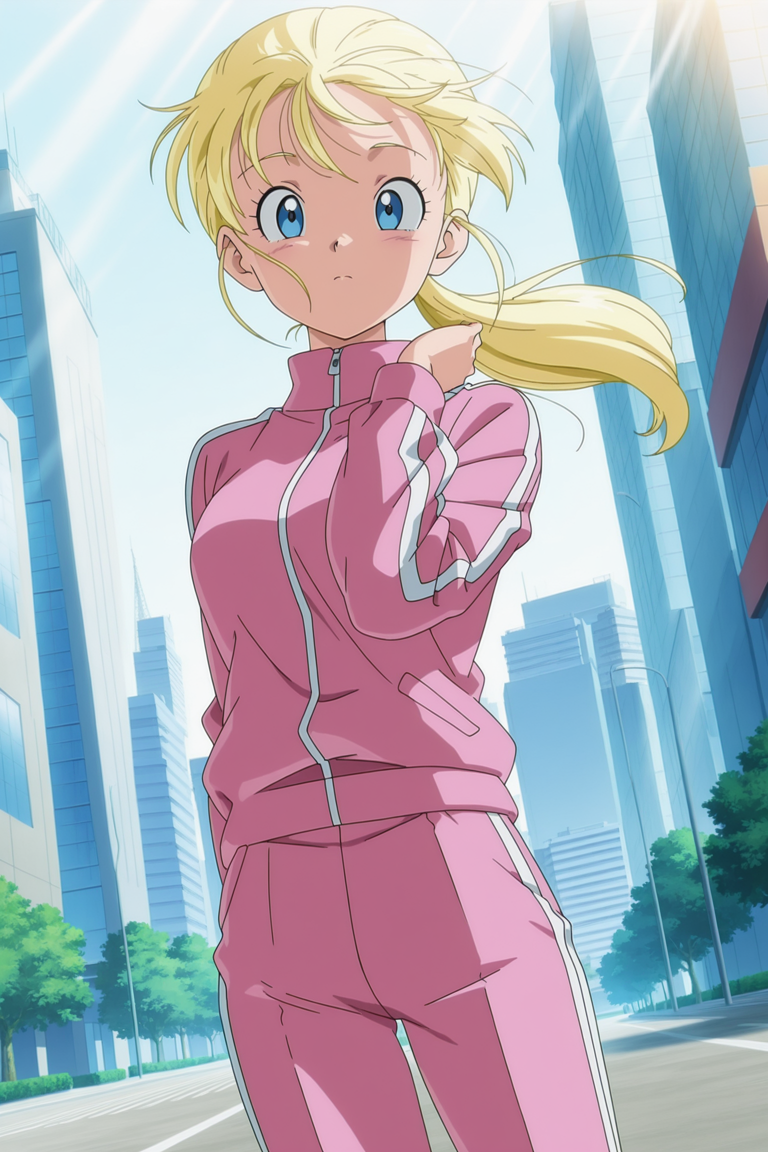 anime screencap, masterpiece, best quality, amazing quality, very aesthetic, absurdres,  newest, (scenery, volumetric lighting),
official style, 1girl, solo, 
marron, blue eyes, blonde hair, ponytail, wind lift, 
pink track pants, pink track suit, cowboy shot, looking at viewer, cityscape, dutch angle, vertical white stripes sleeves, vertical white stripes pants,
dappled sunlight, light rays, 
 <lora:Marron_IL:0.8>