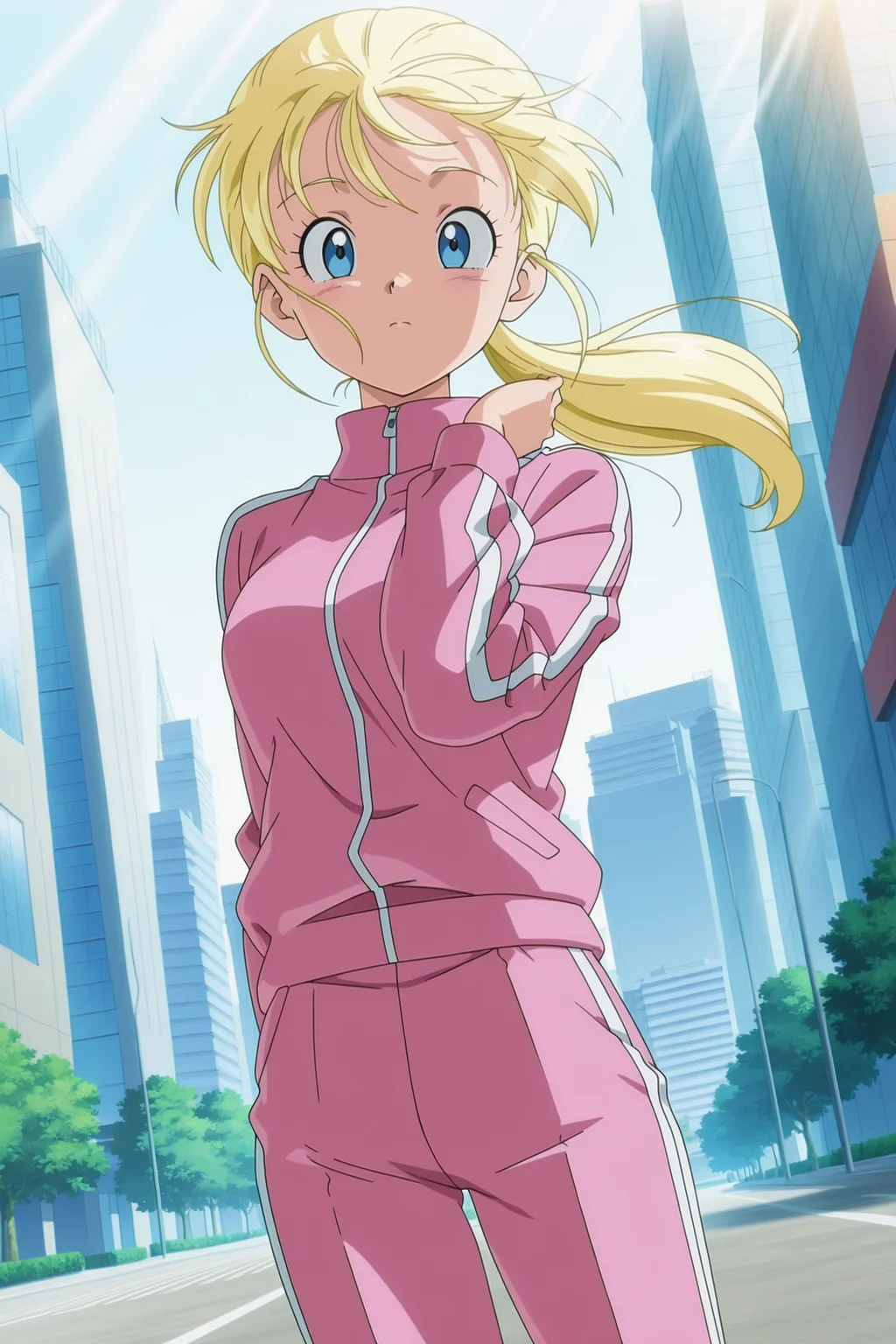 anime screencap, masterpiece, best quality, amazing quality, very aesthetic, absurdres, newest, (scenery, volumetric lighting),
official style, 1girl, solo,
marron, blue eyes, blonde hair, ponytail, wind lift,
pink track pants, pink track suit, cowboy shot, looking at viewer, cityscape, dutch angle, vertical white stripes sleeves, vertical white stripes pants,
dappled sunlight, light rays,
<lora:Marron_IL:0.8>
