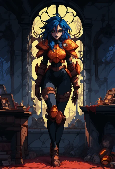 1girl, solo, full body, standing, orange armor, deep blue hair, black bodysuit, dark green eyes, brown gloves, dark lipstick, looking at viewer, makeup, inside of abandoned mansion, <lora:Kylie_GriffinPony64:1>, <lora:d3p1x3lXLP:0.8> d3p1x3l, pixel art, score_9, score_8_up, score_7_up,