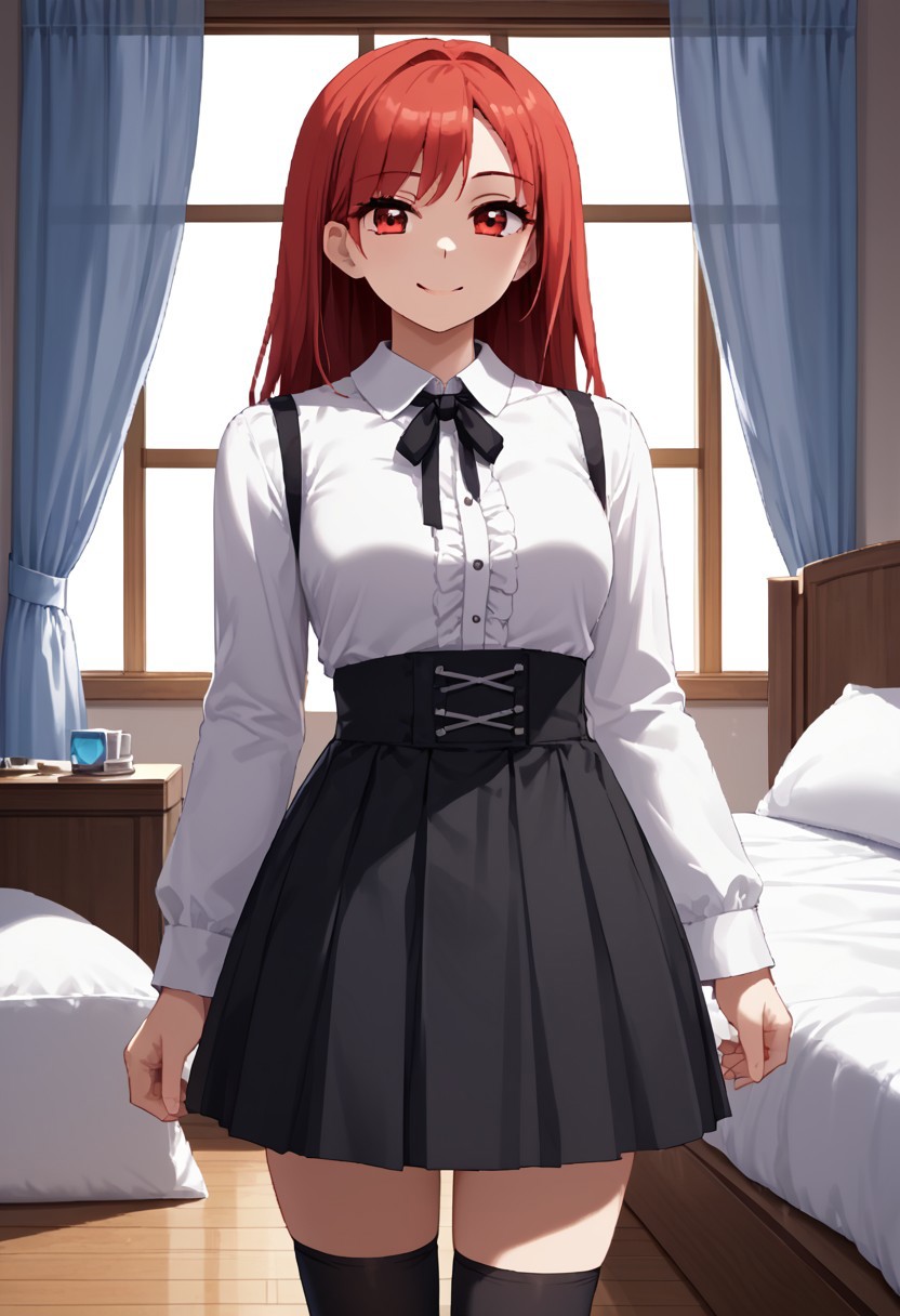score_9,score_8_up,score_7_up,source_anime,5_figner,2d_animation,game cg,BREKE,1girl,solo,
gimmick girl,
white shirt,long sleeves,black ribbon,collared shirt,ribbon,suspender black skirt,black kneehighs socks,front view,smile,standing
bad,pillow,room,window,curtain,
masterpiece,best qualit,ultra-detailed,illustration,an extremely delicate and beautiful,beautiful detailed eyes,unity 8k wallpaper,high resolution,anime CG,official_art,