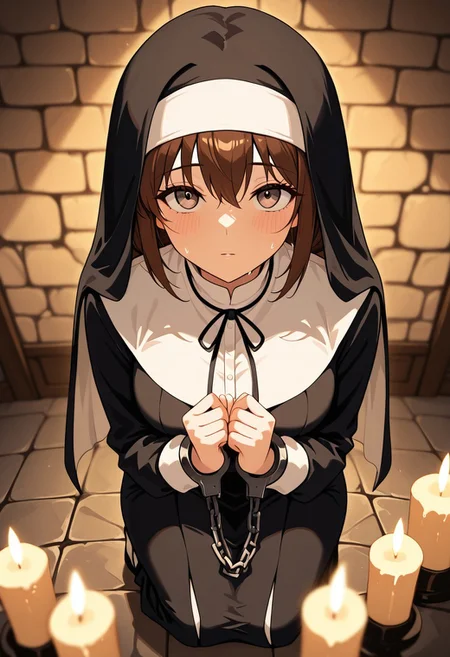 masterpiece, best quality, good quality, very aesthetic, absurdres, newest, 8K, depth of field, in the style of cknc, artist:moriimee, in the style of cksc,
1girl, short brown hair, hazel eyes, medium breasts, perky, tattered habit, iron shackles, sweaty skin, kneeling in prayer, looking up, from side
BREAK
dim monastery, stone walls, candles flickering
BREAK
warm light, high contrast, soft focus, golden hour lighting, rich details, somber glow