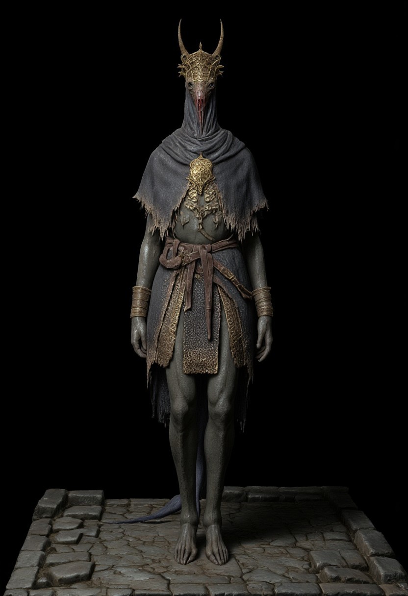 malformed hobo Miner lizardman in a roman soldier armor mixed with legionnaire attire, cobra and crocodile shaped skull, elongated neck,  horse hoofs instead of legs
Standing on a flat ground
Set against a solid dark black color background to emphasize its unsettling unnatural form that emphasizes its silhouette. The medium is not a traditional painting or illustrative medium like watercolor or ink but rather a digital 3D rendering.
MikeFranchinastyle, bbstyle,, horror theme,, ZBClay model of a gray sculpture, zbrush, d4arks0uls, overcast lighting