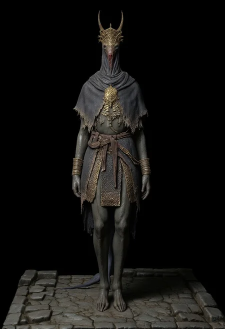 malformed hobo Miner lizardman in a roman soldier armor mixed with legionnaire attire, cobra and crocodile shaped skull, elongated neck, horse hoofs instead of legs
Standing on a flat ground
Set against a solid dark black color background to emphasize its unsettling unnatural form that emphasizes its silhouette. The medium is not a traditional painting or illustrative medium like watercolor or ink but rather a digital 3D rendering.
MikeFranchinastyle, bbstyle,, horror theme,, ZBClay model of a gray sculpture, zbrush, d4arks0uls, overcast lighting