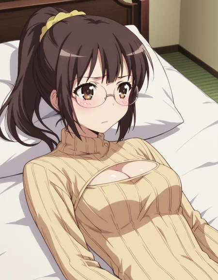 score_9, score_8_up, score_7_up, source_anime, <lora:rika-shiguma-s2-ponyxl-lora-nochekaiser:1>, rika shiguma, brown hair, brown eyes, ponytail, glasses, scrunchie, yellow scrunchie,, <lora:open-chest-sweater-ponyxl-lora-nochekaiser:1>, open-chest sweater, ribbed sweater, cleavage cutout, meme attire, clothing cutout, turtleneck, sweater dress, cleavage, clothes tug, sweater pull, cleavage reach,, indoors, bed, bed room, blush, on bed, on back, , cowboy shot, dutch angle
